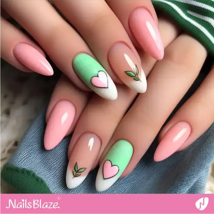 Mint Green and Peach Fuzz Nails with Hearts | Color of the Year 2024 - NB1900